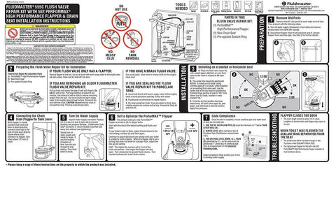 Instruction guide for Universal PerforMAX 5 Minute Toilet Flush Valve Repair Kit 2 Inch Peel And Stick Design installation.