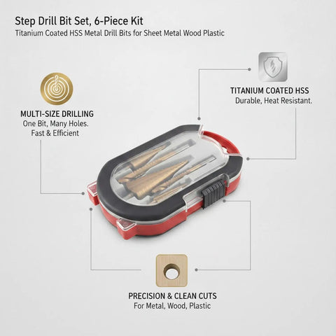 Kick Some Serious Metal With This 6 Piece Titanium HSS Step Drill Bit Set For Smooth Sheet Metal Wood And Plastic Holes No Burr Just Clean Cuts In One Go Perfect For DIY Whippersnappers Needing Quality Gear Fast. 6-piece titanium HSS step drill bit set in case