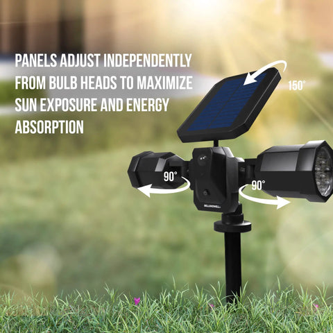 Solar Motion Sensor Outdoor Lights With Adjustable Heads And Ultra Bright LEDs For Yard Patio And Garden Waterproof Landscape Lighting No Batteries Needed showing adjustable solar panel and LED heads in garden setting