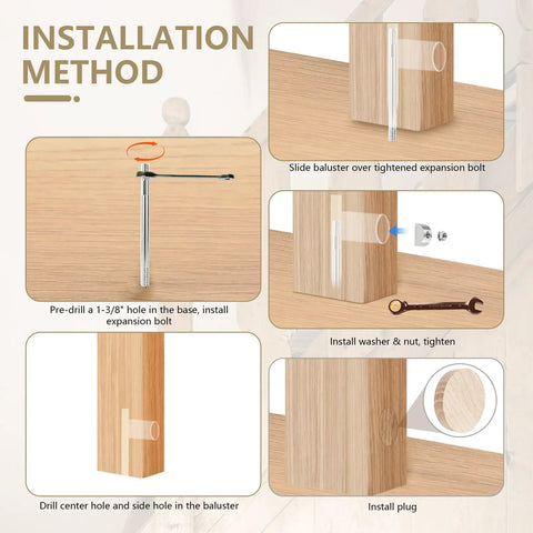 Image showing the installation method for Heavy Duty Newel Post Mounting Kit With Concealed Stair Railing Fasteners full hardware bundle.