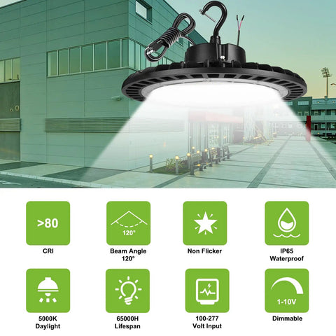 Industrial 200W LED High Bay Light 5000K Bright 15000LM Dimmable 1-10V Shop Light With US Plug Hook ETL Listed