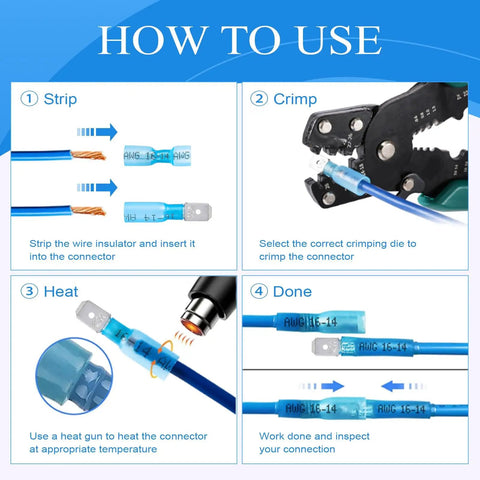 Infographic showing steps for using 320 Piece Heat Shrink Disconnect Connectors Kit With Male And Female Blade And Spade Wire Terminals For Marine Wiring And Electrical Projects Perfect For Boat And RV Marine Setups And Quick Storage Case Included