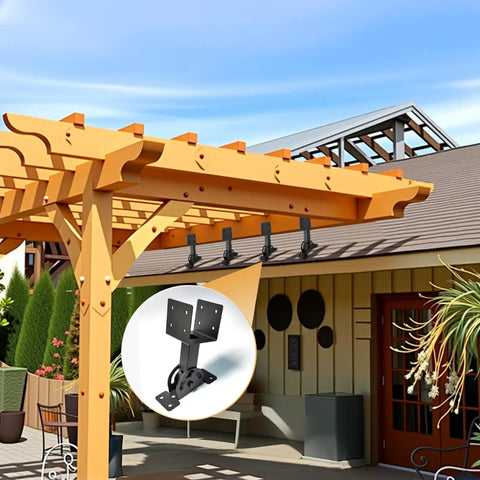 Beefy Heavy Duty Roof Riser Brackets Kit Three Piece on pergola, black powder-coated carbon steel, adjustable support