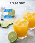 Glasses of orange juice with ice cubes from Compact Countertop Ice Maker With No Fuss Self Cleaning, large cube size shown
