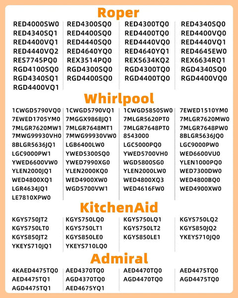 Model numbers for Left And Right Dryer Drum Support Roller Shaft Kit for multiple brand dryers including Roper, Whirlpool, KitchenAid, Admiral