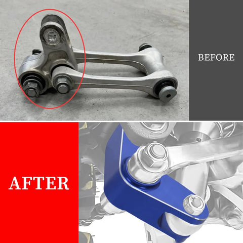 1.5 Inch Rear Drop Link Kit for Dirt Bikes, 40mm Lowering Link, CNC Aluminum, Blue Finish, Race Ready, Fits YZ125, YZ125X, YZ250, YZ250X, YZ250F, YZ450F, WR250F, WR450F Ready To Install installed on rear suspension, before and after view