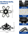 High Output 200W LED Garage Light With 6 Plus 1 Adjustable Panels, 22,000 Lumens, top view and detailed features