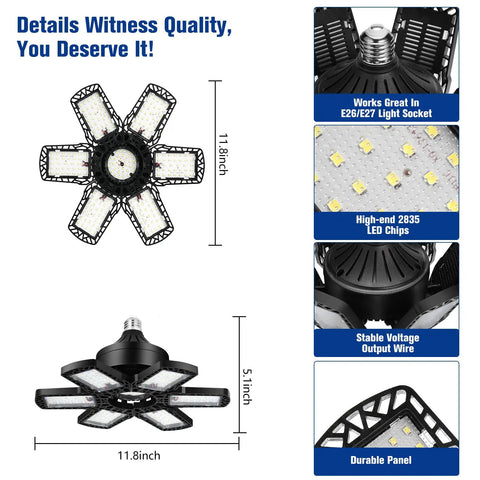 High Output 200W LED Garage Light With 6 Plus 1 Adjustable Panels, 22,000 Lumens, top view and detailed features