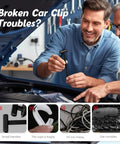 Two men using heavy duty nylon zip ties with pin and button buckle for car repairs. Illustration of tie advantages.