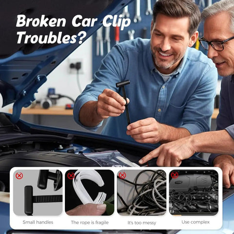 Two men using heavy duty nylon zip ties with pin and button buckle for car repairs. Illustration of tie advantages.