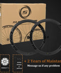 Road Bike Carbon Wheelset 700c Disc Brake Center Lock Thru Axle 45 50 53mm displayed with packaging box and accessories.