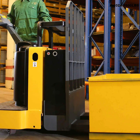 Heavy Duty Electric Ride On Pallet Jack Truck 5500 LB Capacity with operator in warehouse ready for heavy lifting.