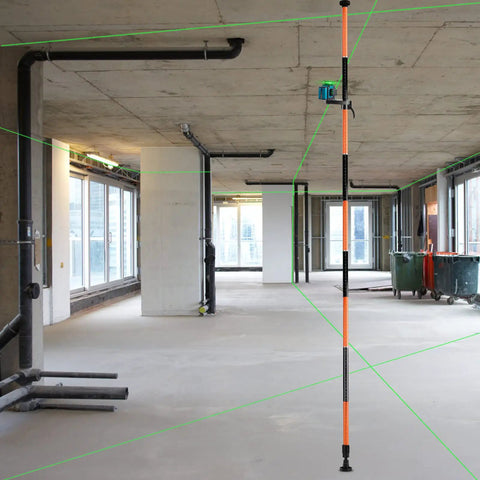 Telescoping Laser Level Pole With Tripod, 12 Ft / 3.7 M Reach, Adjustable 1/4-20 Mount in a construction layout site