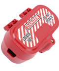 Heavy Duty Plug Lockout Box with Self Cylinder Design shown from angle, Pro Grade PA and ABS construction, safety warning label visible