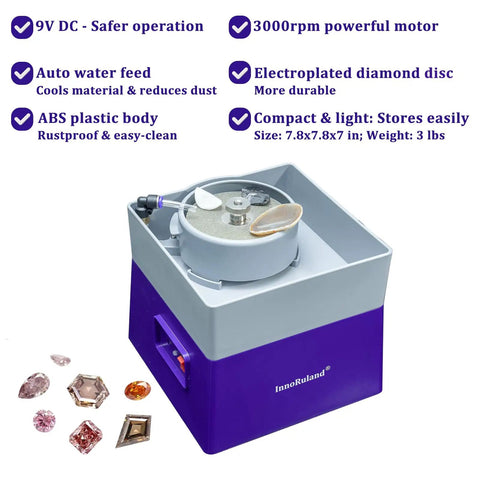 4 Inch Flat Grinding Machine For Stone And Rock Polishing Be A Go To Workhorse Grinder And Shaper Tool Kit shown with diamond-coated disc and gems