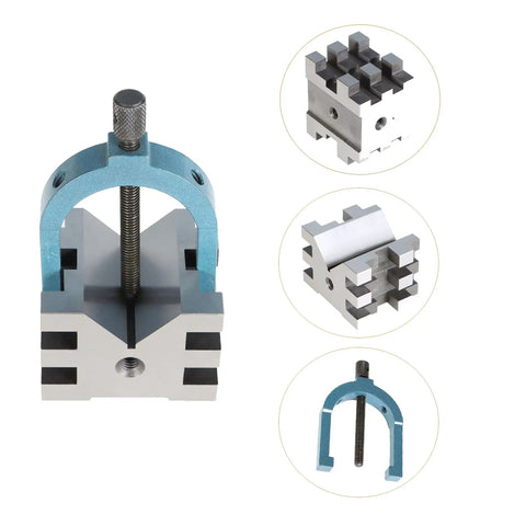 Beefy Four Piece V Block Set With Clamps In Wooden Case For Real World Machining Pro Grade Hardened Steel Two And Three Eighths By Two And Three Quarters By Two Inches HRC Fifty Eight To Sixty, V block set with clamp showing round stock fixture and angle details