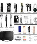 60 In 1 Emergency Survival Gear Kit with pliers, wire saw, flashlight, blanket, bracelet, tools in waterproof box for camping and travel.