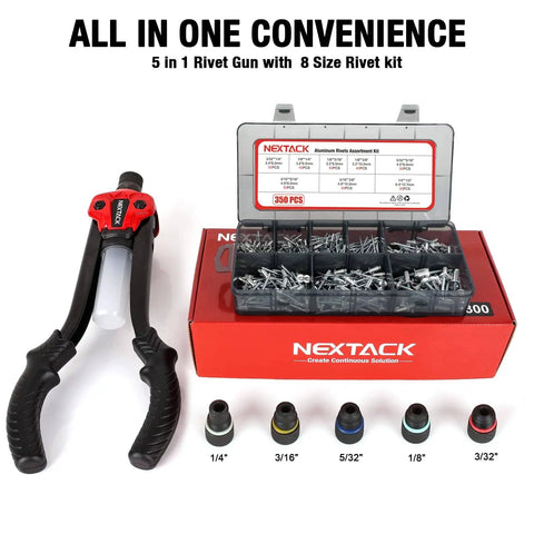 Heavy Duty Two Handed One Quarter Inch Pop Rivet Gun Kit With 350 Aluminum Rivets Five Nosepieces Built In Shaft Catcher For Van Gutter And Automotive Projects NT300 Set with open case