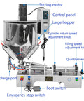 Heavy Duty Automated Pneumatic Bottle Filler Featuring Stainless Steel Heating And Stirring Hopper For Chili Oil Honey Salad Dressing Built Tough No Sweat Operation handles viscous pastes like a dream with control panel and foot switch.