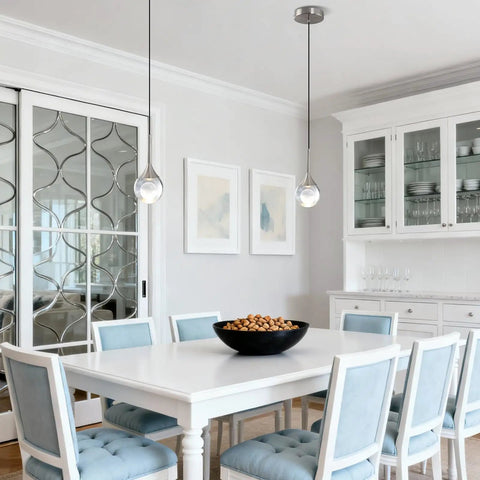 MKonpeny Modern Crystal Moon Pendant Light, 3000K 7W Led Pendant Light Kitchen Island, Brush Nickel Pendant Light over a dining table.
