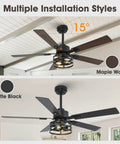 52 Inch Premium Farmhouse Ceiling Fan With Warm Ambient Glow Reversible Dual Finish Blades, Installation styles in matte black and maple wood.
