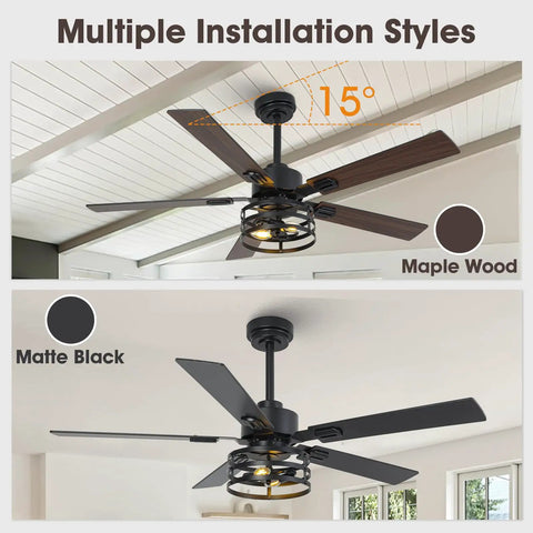 52 Inch Premium Farmhouse Ceiling Fan With Warm Ambient Glow Reversible Dual Finish Blades, Installation styles in matte black and maple wood.