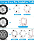 Diagrams showing Heavy-Duty Spare Tire Mount Bracket for Trailers - Tough Black Powder-Coated Steel Carrier That Fits Most 4, 5, and 6 Lug Wheels