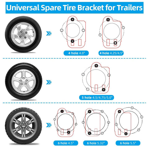 Diagrams showing Heavy-Duty Spare Tire Mount Bracket for Trailers - Tough Black Powder-Coated Steel Carrier That Fits Most 4, 5, and 6 Lug Wheels