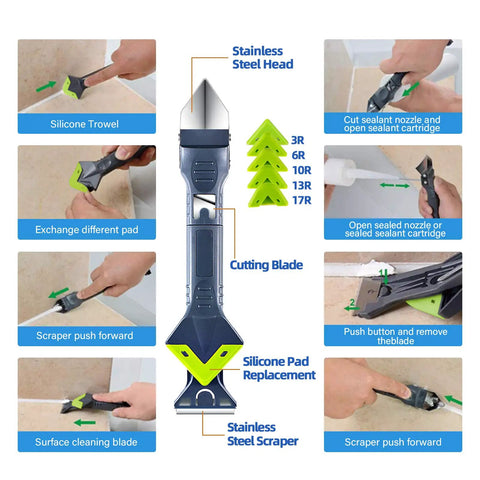 Comprehensive Caulking Tool Kit With 28 Pieces Silicone Tools And Stainless Steel Heads For Precision Sealant Application And Finishing In Kitchen And Bathroom Windows A Handy Pro Grade DIY Home Improvement Set with usage instructions