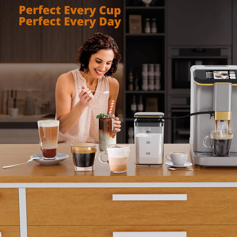 Fully Automatic Espresso Coffee Machine With 20 Bar Pump And 15 Adjustable Grind Settings Featuring A Built In Milk Frother Tft Touchscreen in kitchen with assorted coffees