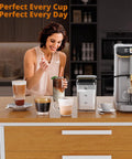 Fully Automatic Espresso Machine With Built In Conical Burr Grinder And Integrated Milk Frother One Touch Display on kitchen counter.