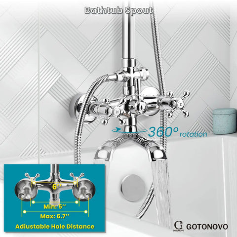 Eight Inch Rainfall Showerhead With Exposed Faucet Set 3 Function Shower System With Easy Install Tub Spout And Double Cross Handles Polished Chrome Finish Solid Brass Construction Rust Resistant Built To Last installed over bathtub with 360-degree rotation