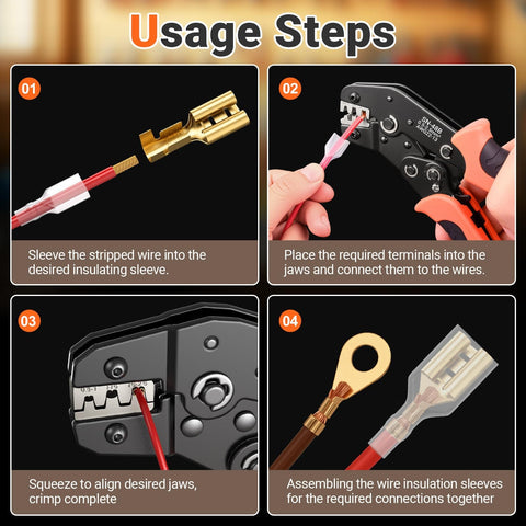 Step-by-step usage guide for Spade Connector Crimping Kit With 28 Connector Types, 420 Spade Connectors And 270 Insulation Sleeves