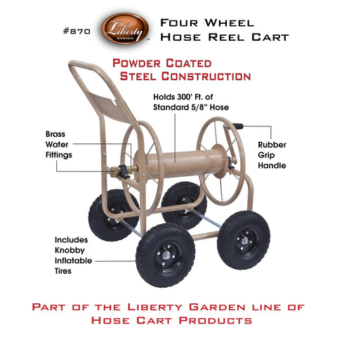 Beefy Four Wheel Hose Reel Cart With 300 Feet Of 0.625 Inch Hose, Steel Frame, Brass Fittings, Rugged Wheels, Built For Backyard Garden Or Lawn, Beige