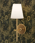Kickstart Your Vibe With This Fresh Indigo Floral Folk Wallpaper Featuring A Slick Gold Metallic Coating Premium Paste The Wall Covering Eco Certified Type I Rated with wall sconce illuminating dark wallpaper.