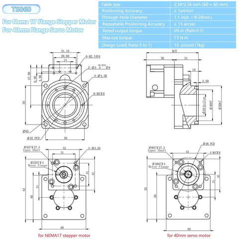 Technical diagram of Hollow Rotating Platform With 5 To 1 Planetary Gearbox for NEMA17 stepper and 40mm servo motors