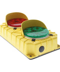 Rugged Stop Go Led Dock Safety Beacon With Freakin Bright Indicators And Bulletproof Polyhousing For Zero Confusion Warehouse Logistics And Crisp Driver Communication 115 Volt Industrial Drone Unit, yellow shell, red and green lights.