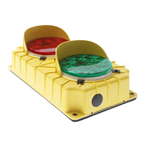 Rugged Stop Go Led Dock Safety Beacon With Freakin Bright Indicators And Bulletproof Polyhousing For Zero Confusion Warehouse Logistics And Crisp Driver Communication 115 Volt Industrial Drone Unit, yellow shell, red and green lights.