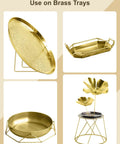 Assorted brass trays with different shapes and designs, including floral and geometric patterns, on display.