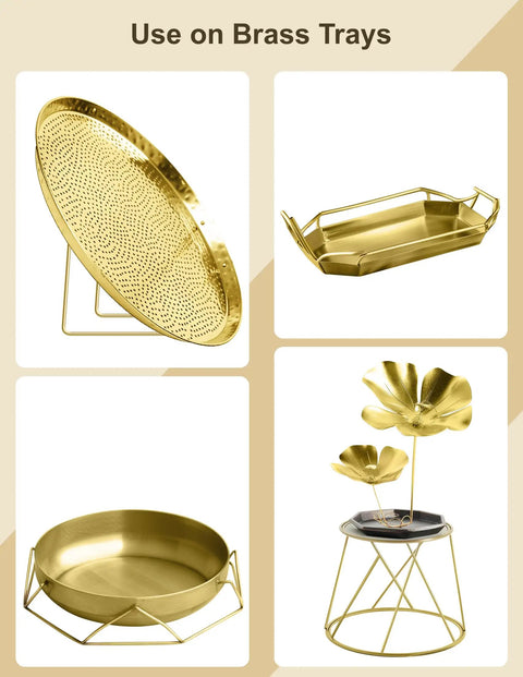 Assorted brass trays with different shapes and designs, including floral and geometric patterns, on display.