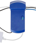 FanSync WiFi Receiver for Ceiling Fans with AC Motor, blue unit with wiring, Smart Home Ready Control Hub, top view.