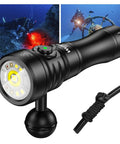 Four In One Dive Light For Scuba With 3600 Lumen Floodlight, 2000 Lumen Spotlight, Red And UV Modes, shown with accessories.