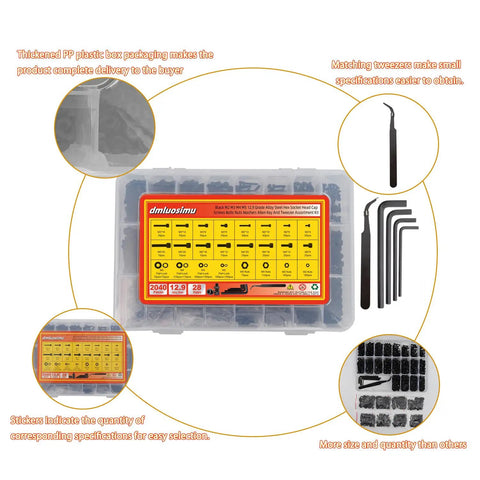 Hardcore 2040 Piece Metric Bolt Kit Hex Socket Screws M2 M3 M4 M5 Assortment Black Zinc Coated 12.9 Grade Alloy Steel storage box.