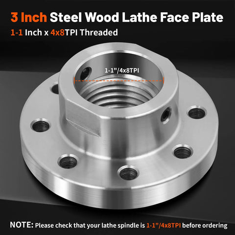 Heavy Duty Three Inch Steel Wood Lathe Faceplate With 1-1/4 X 8 Tpi Thread And Twelve Bolt Holes showing threaded design and bolt holes.