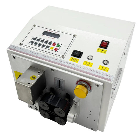Heavy Duty Automatic Tube Cutter With Fast Stepper Motor And Dependable Belt Feed Cuts Pvc Silicone Heat Shrink Teflon Tubing front view with LCD controls.