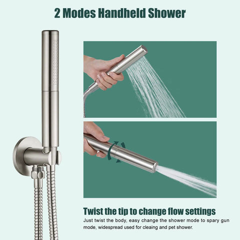 Brushed Nickel Wall Mount Tub Faucet Set With Handheld Shower Wand And Spout, Two spray modes detail