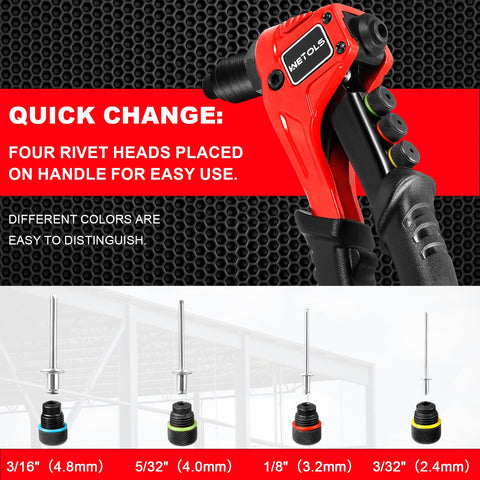 Pop Rivet Gun Kit With 200 Blind Rivets featuring interchangeable rivet heads, highlighted handle, and size labels for easy use.