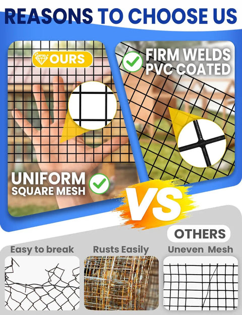Comparison of Black Vinyl Coated Wire Mesh Hardware Cloth One Half Inch Mesh vs alternative wire mesh options, showing uniformity and durability.