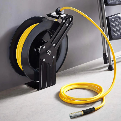 50ft Hybrid Air Hose With Half Inch MNPT Ends And Bend Restrictors, coiled on reel, yellow hose, 300 PSI, mounted on wall