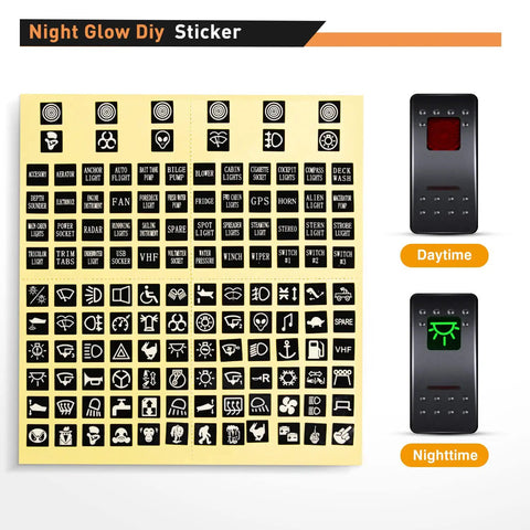 Four Gang Rocker Switch Panel With DIY Label Stickers And Pre Wired Jumpers SPST On Off 12V 20A And 24V 10A Aluminum Plate Red Ideal For LED Light Bars RV Boats And 4x4 Vehicles, DIY sticker sheet